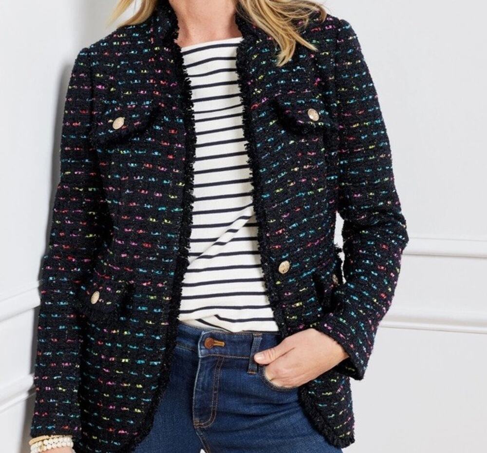 Talbots Jacket Womens 4 Navy Blue Rainbow Tweed Old Money Office Preppy Career
